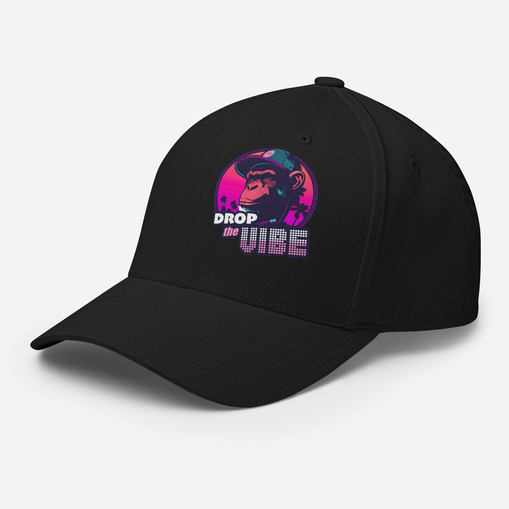 Monksee Drop the Vibe closed back cap in black with drop the vibe logo printed on front left. On white background