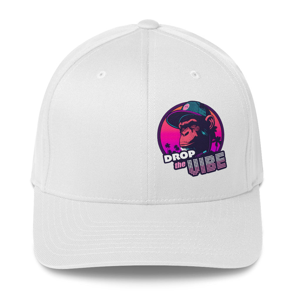 The front of the Monksee "Drop the Vibe" white cap with logo on front left. On white background