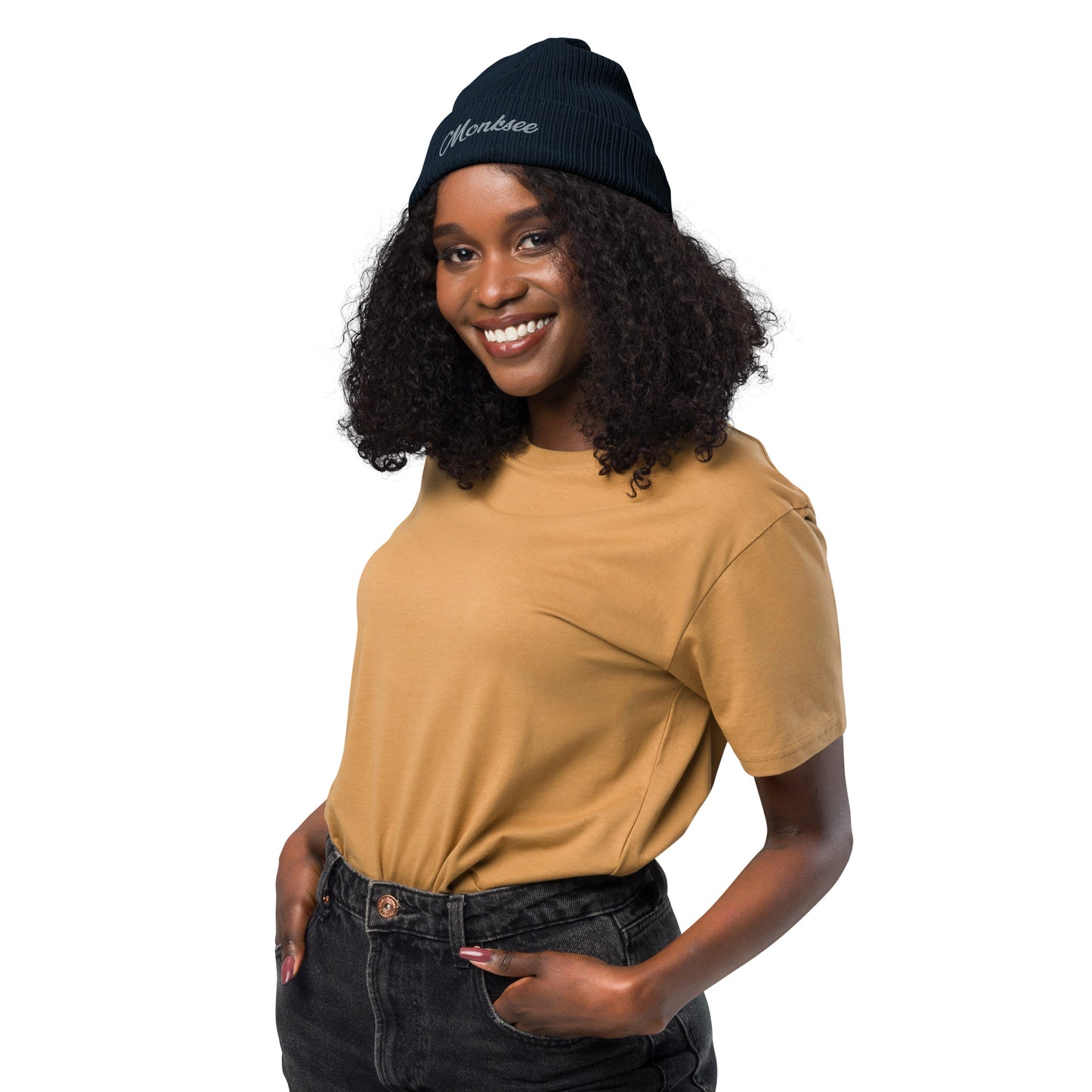 women wearing Navy Organic ribbed embroidered beanie by Monksee.