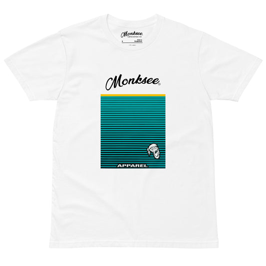 Monksee freeport design on white cotton tshirt front