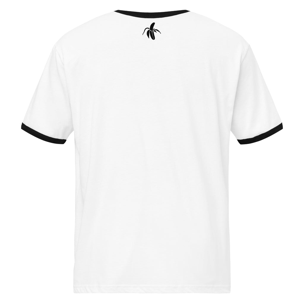White t-shirt with black trim on a white background