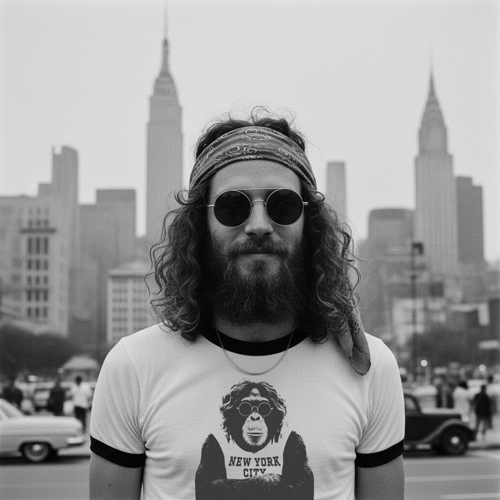 Man with long hair and beard wearing sunglasses and a t-shirt with a graphic design in front of a city skyline.