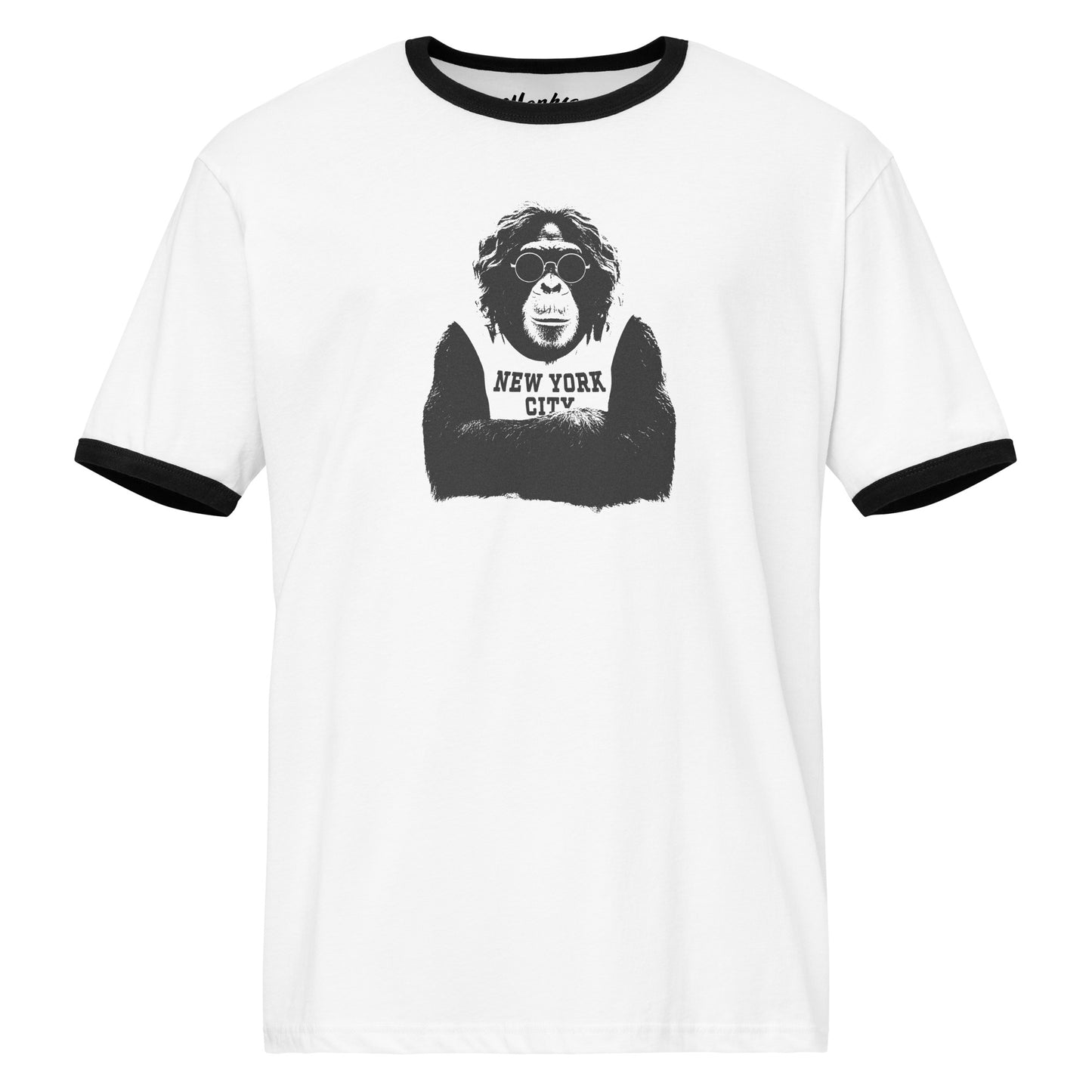 White Monksee t-shirt with black ringer sleeves featuring a graphic of a monkey wearing sunglasses and 'New York City' text on a white background.