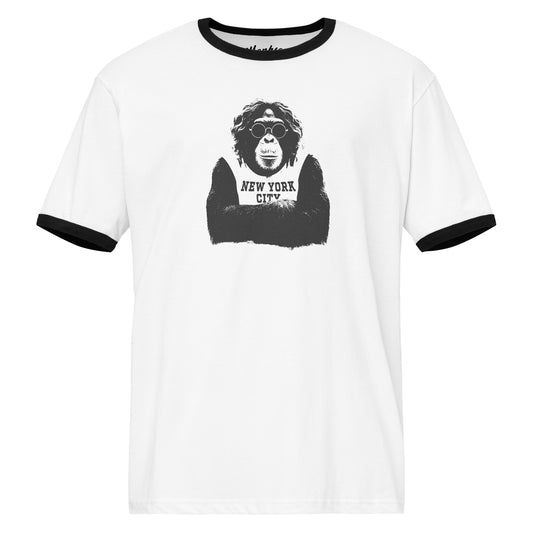 White Monksee t-shirt with black ringer sleeves featuring a graphic of a monkey wearing sunglasses and 'New York City' text on a white background.