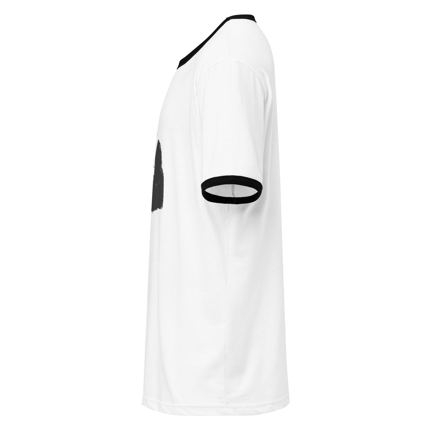 White Monksee t-shirt with black accents on a white background