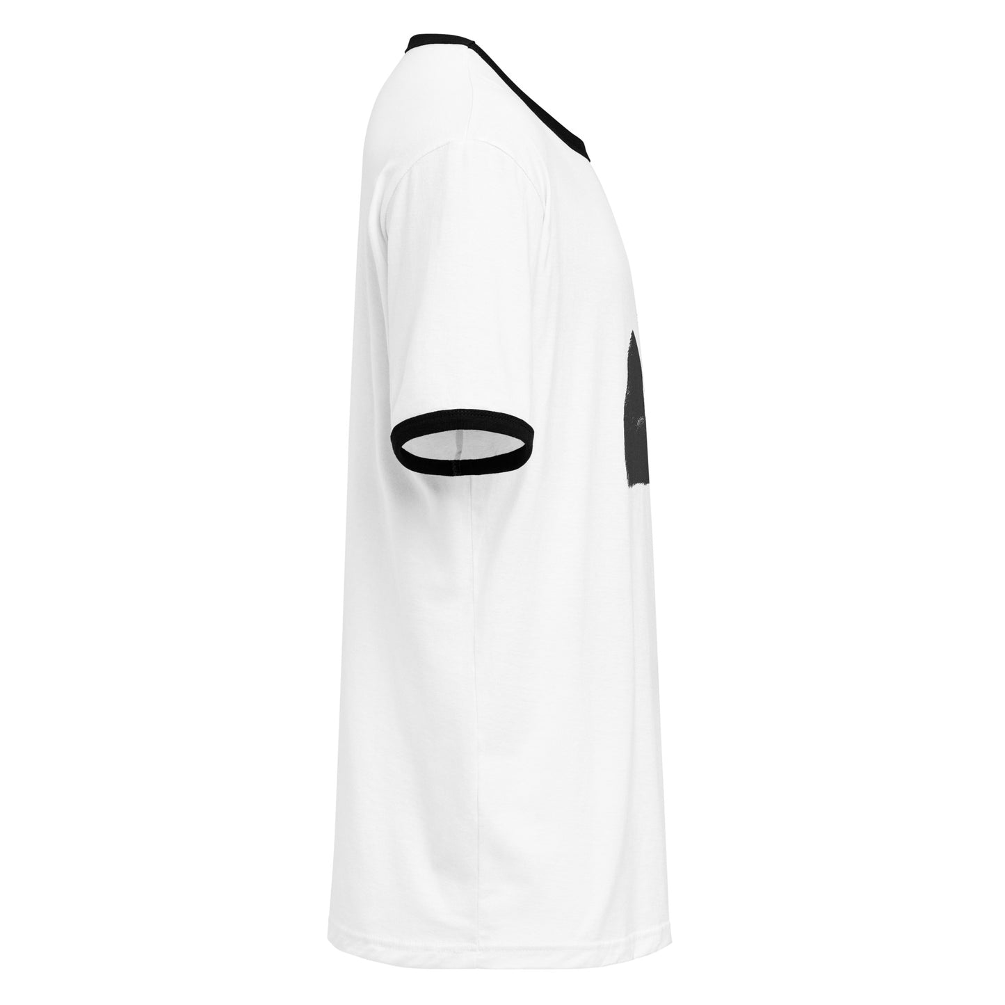White monksee t-shirt with black accents on a white background