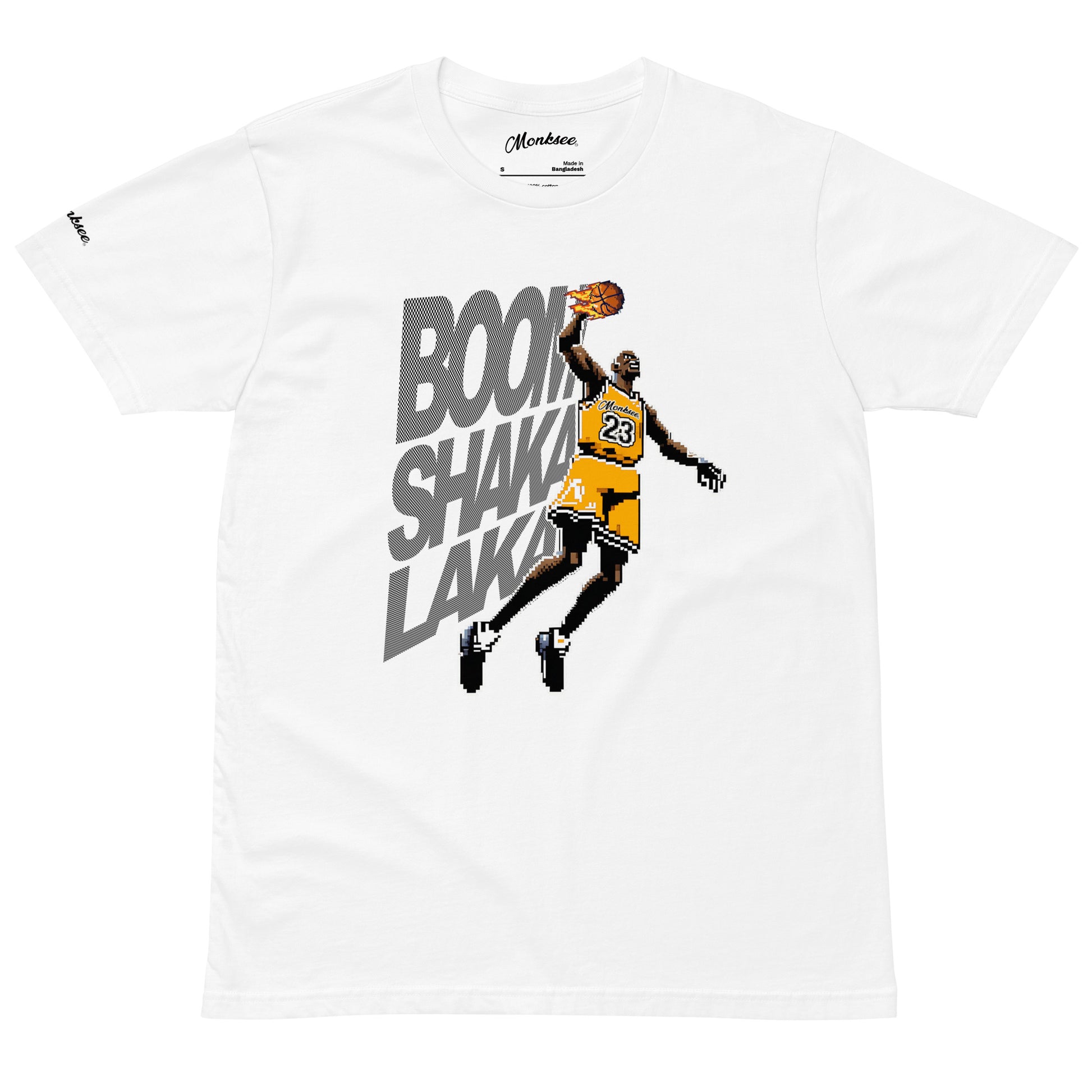 white monksee Jam boom shaka laka tshirt flat on a white background