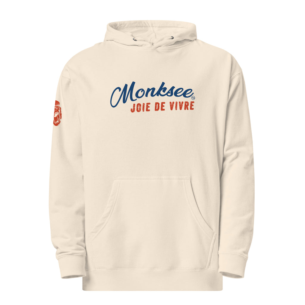 Monksee joie de vivre midweight hoodie in bone front