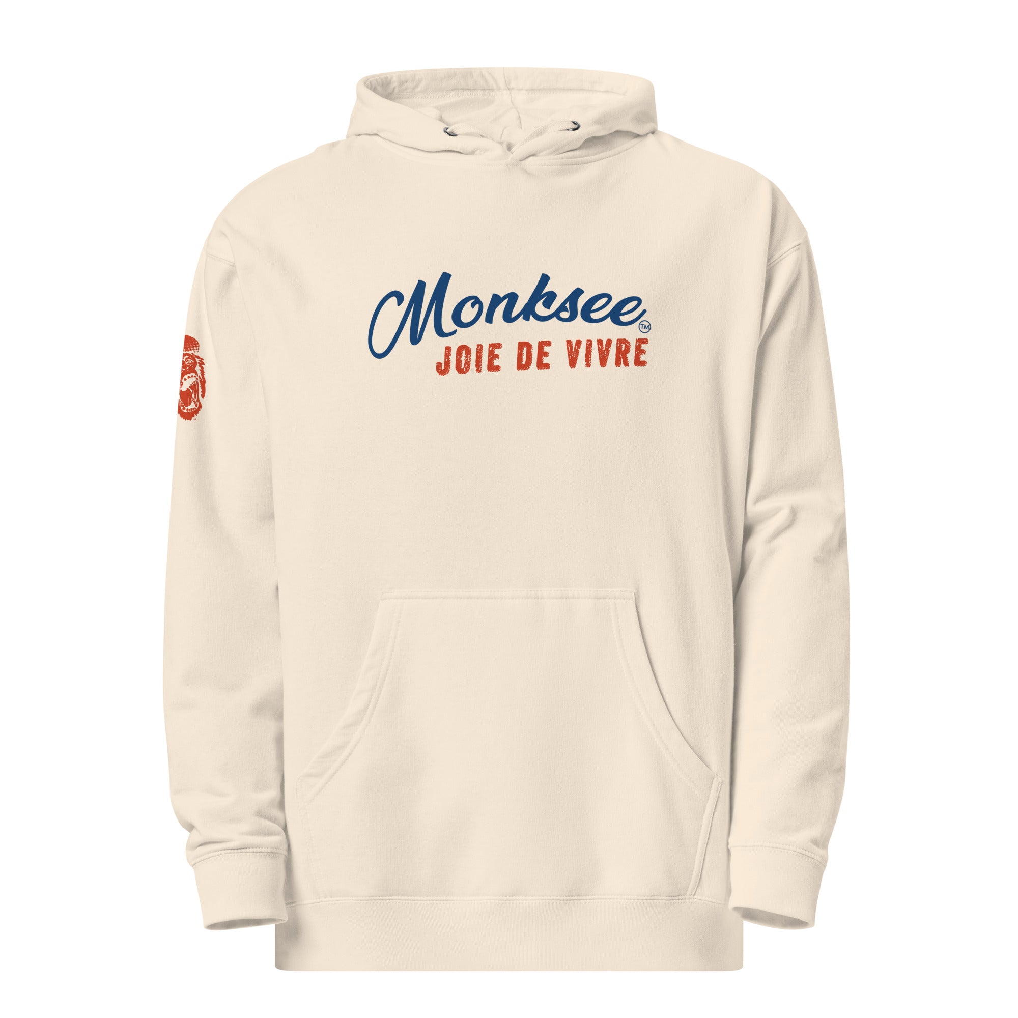 Monksee joie de vivre midweight hoodie in bone front