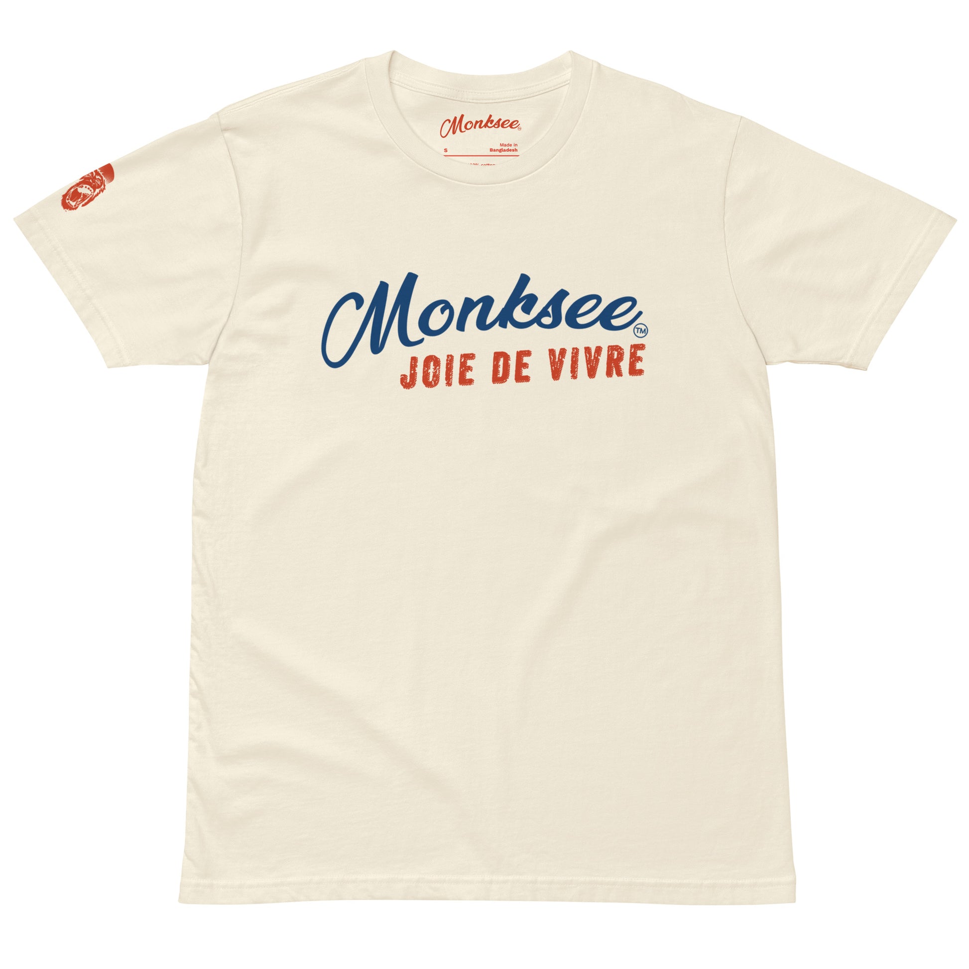 Monksee joie de vivre bone colored cotton tshirt front