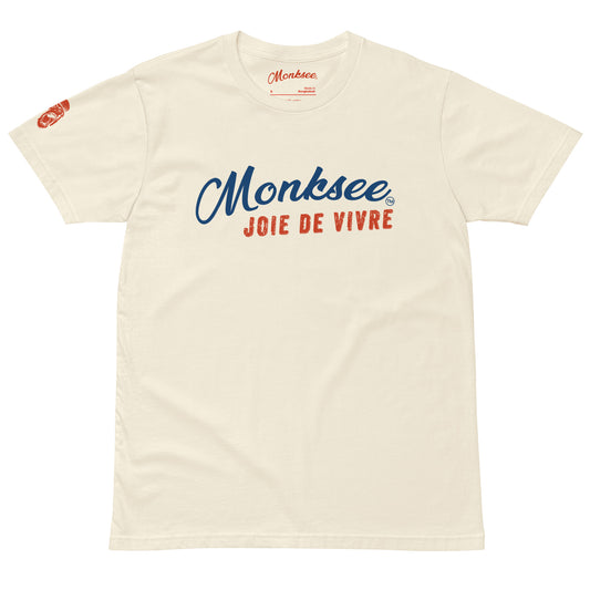 Monksee joie de vivre bone colored cotton tshirt front