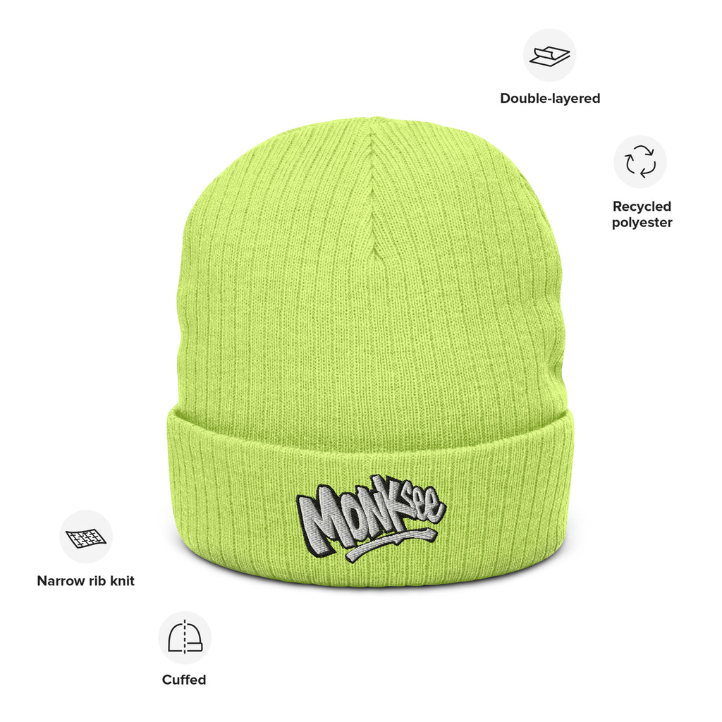 front of monksee kick flip recycled knitted beanie with product details outlined on white background