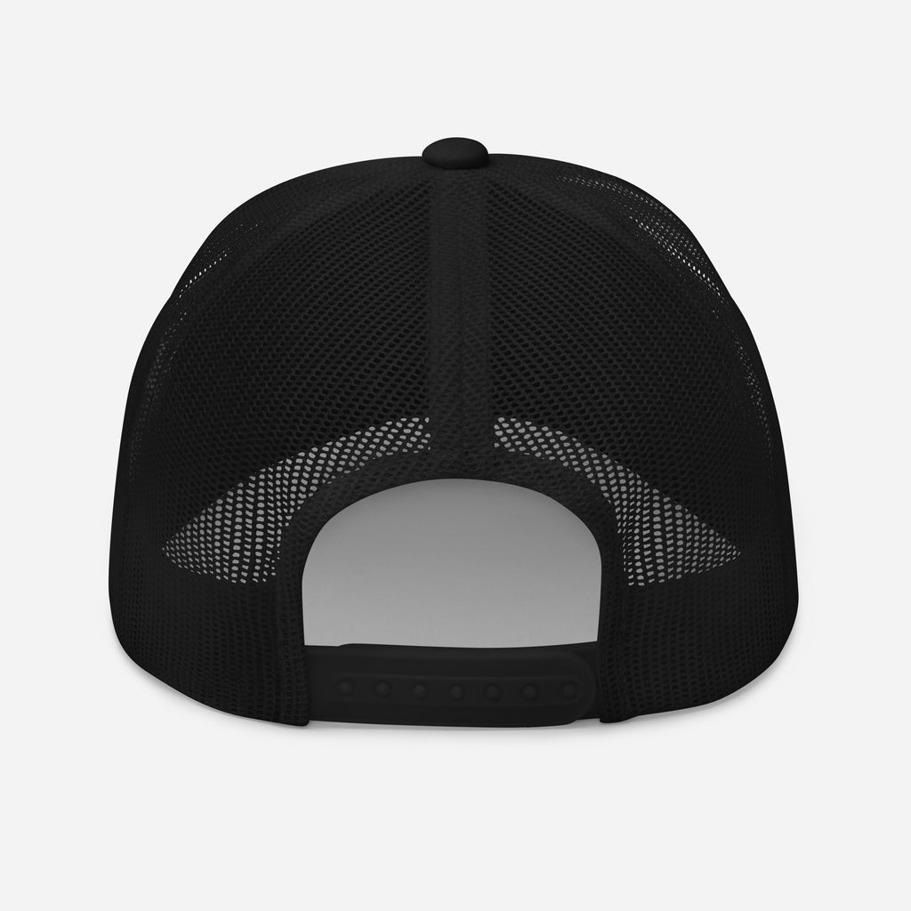 back of black monksee kick flip retro trucker cap on white background