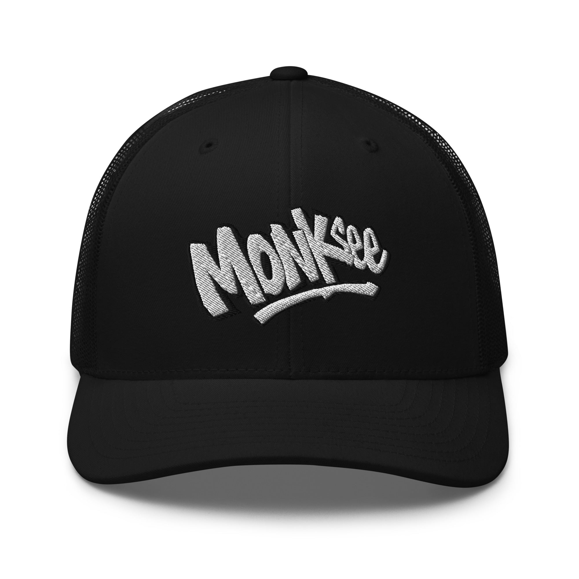 black monksee kick flip retro trucker cap with embroidered logo on a white background