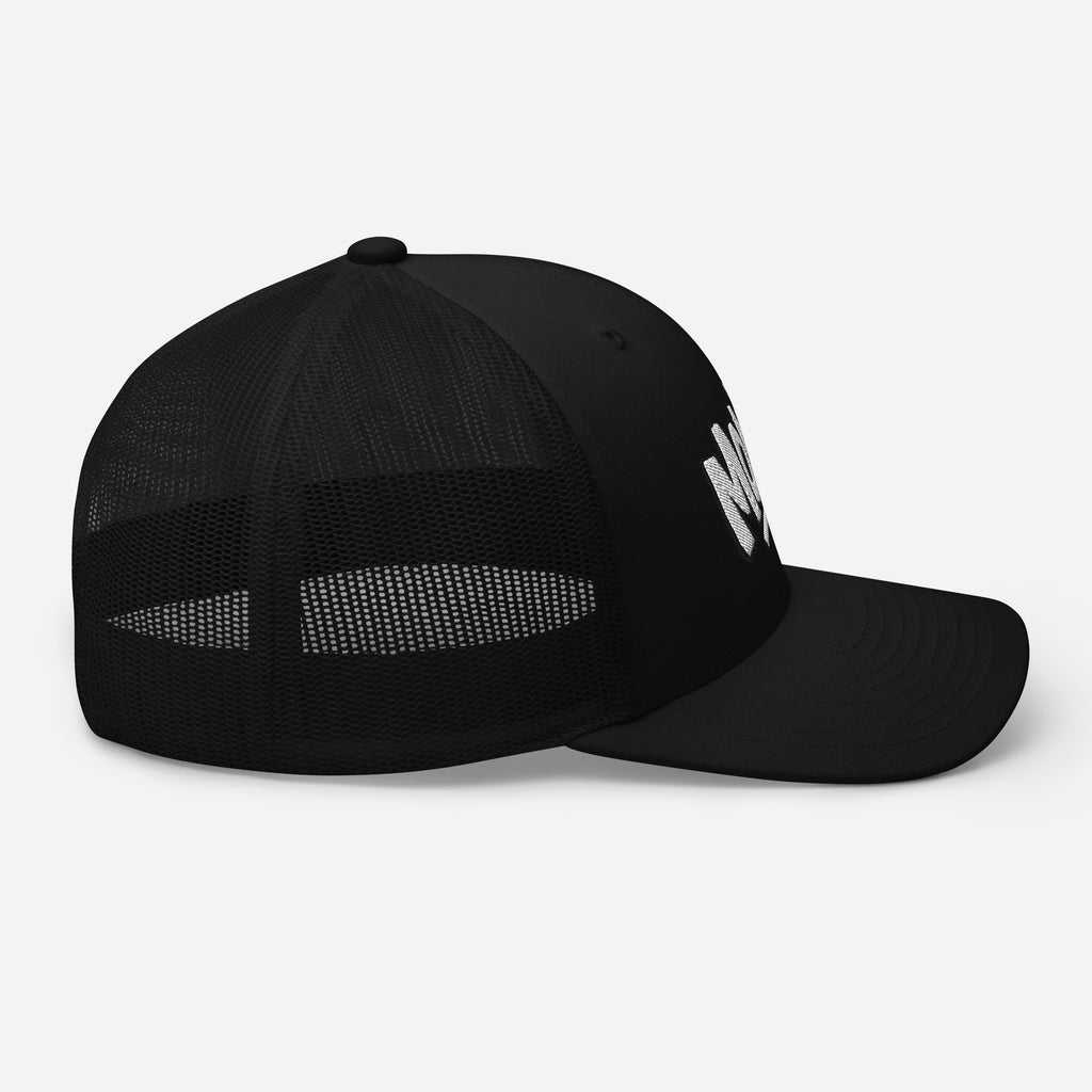 right side view of Monksee Kick Flip retro trucker cap on white background