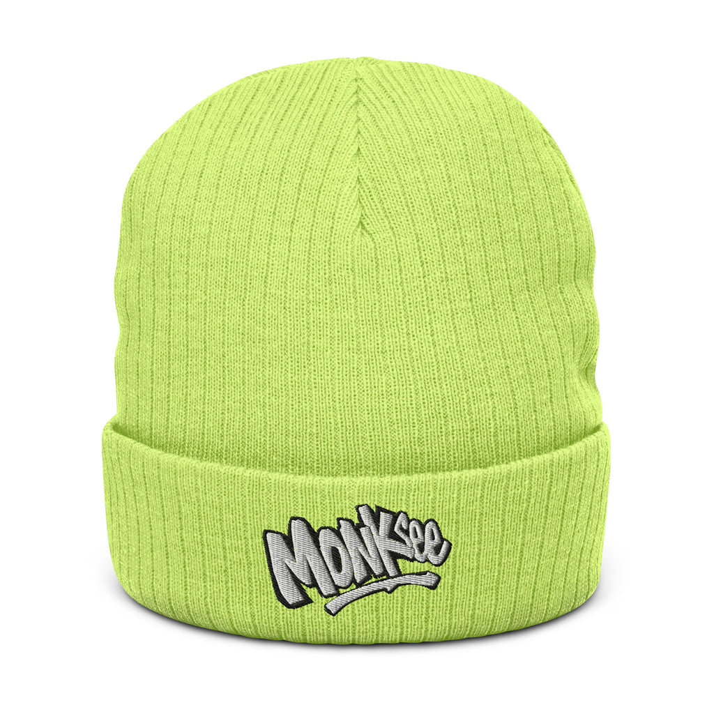 front of Monksee kick flip acid green recycled knit beanie on a white background