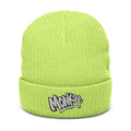 front of Monksee kick flip acid green recycled knit beanie on a white background