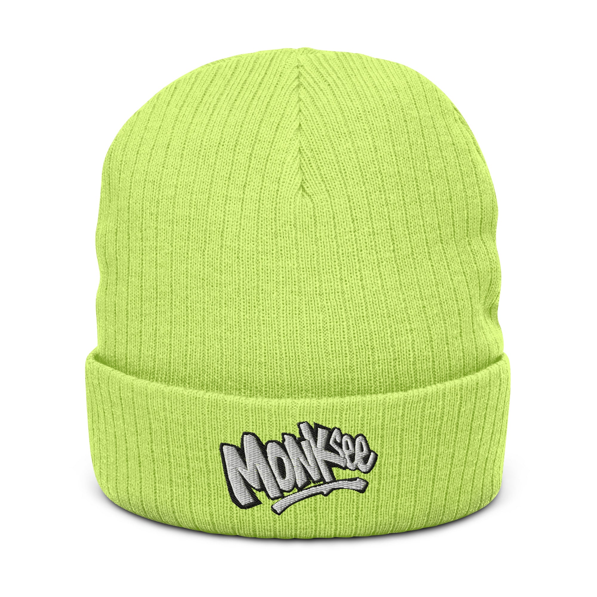 front of Monksee kick flip acid green recycled knit beanie on a white background