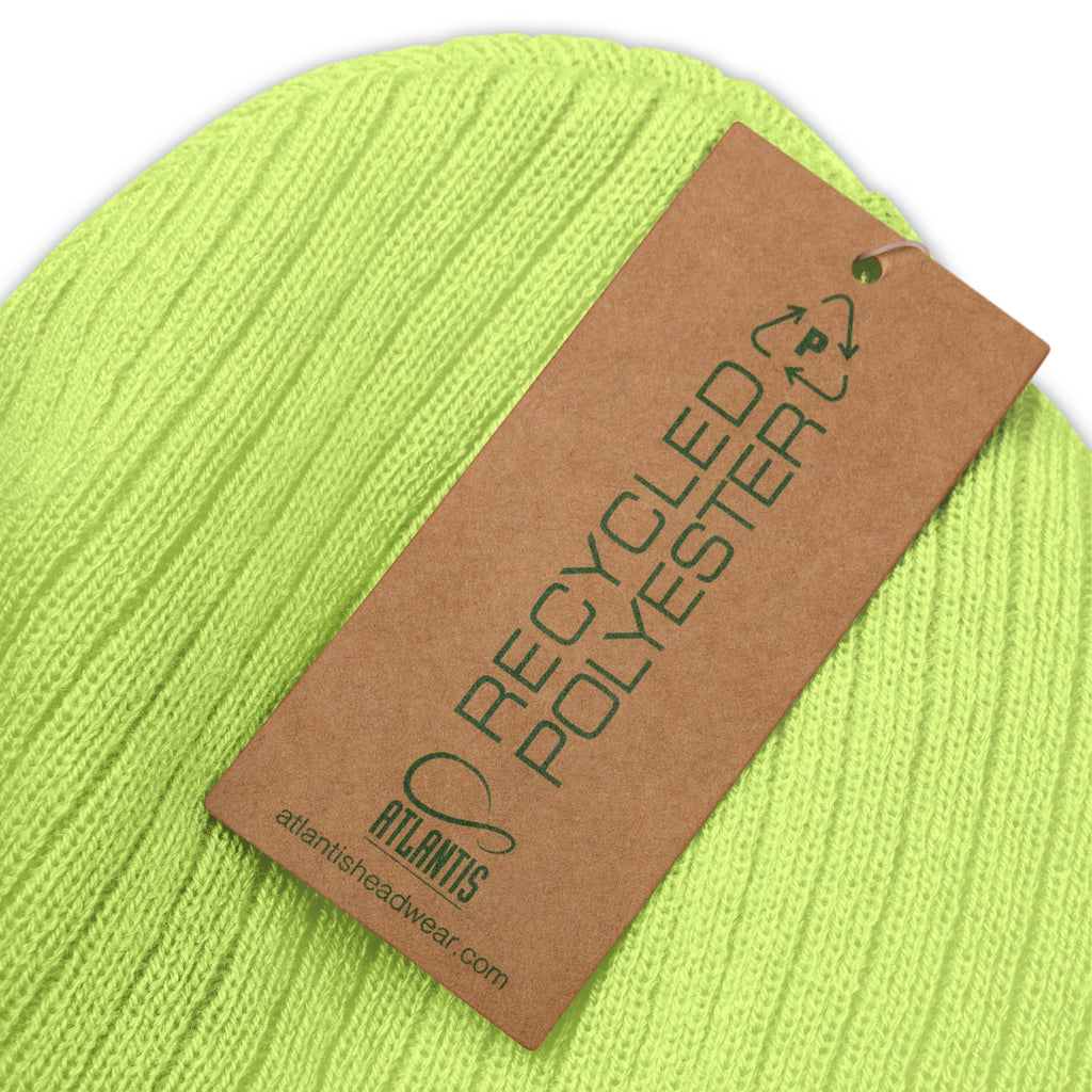 close up of certified recycling tag on Monksee kick flip acid green knitted beanie