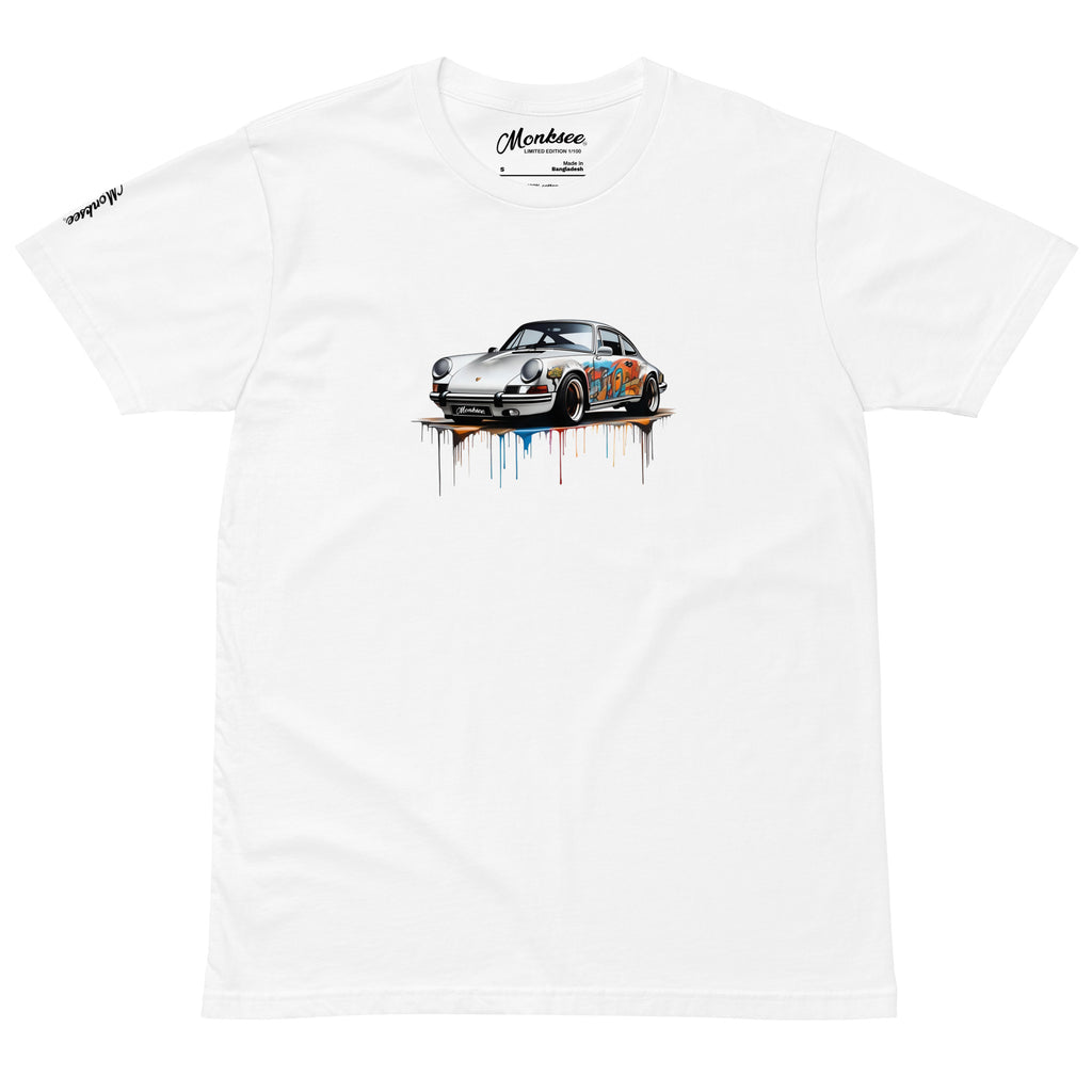 front of white premium tshirt with porsche 911 kuhl print