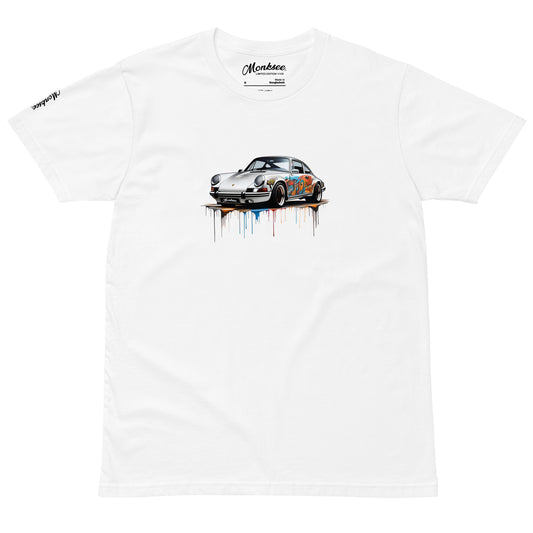 front of white premium tshirt with porsche 911 kuhl print