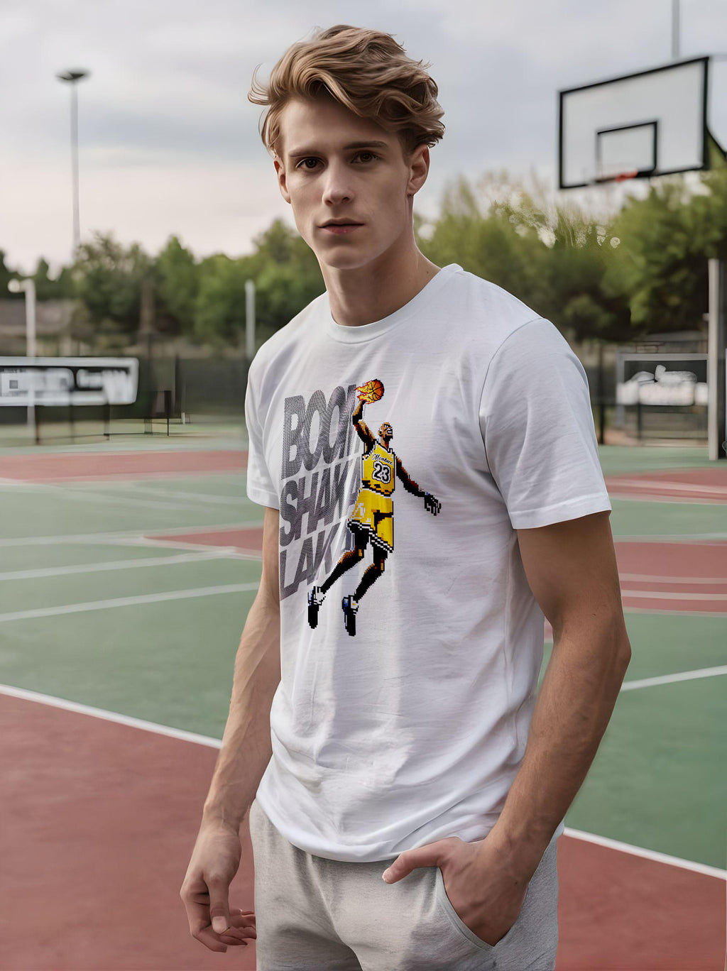 white guy on a basketball court wearing a Monksee Jam boom Shaka Laka white t-shirt
