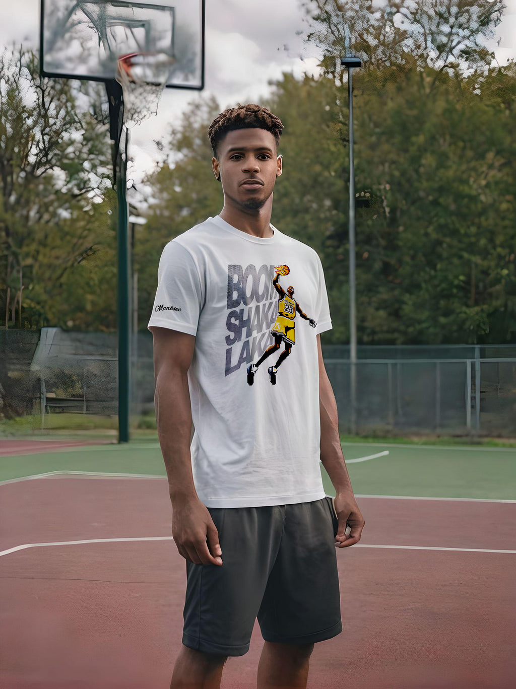 guy on a basketball court wearing a throwback NBA Jam! white tshirt