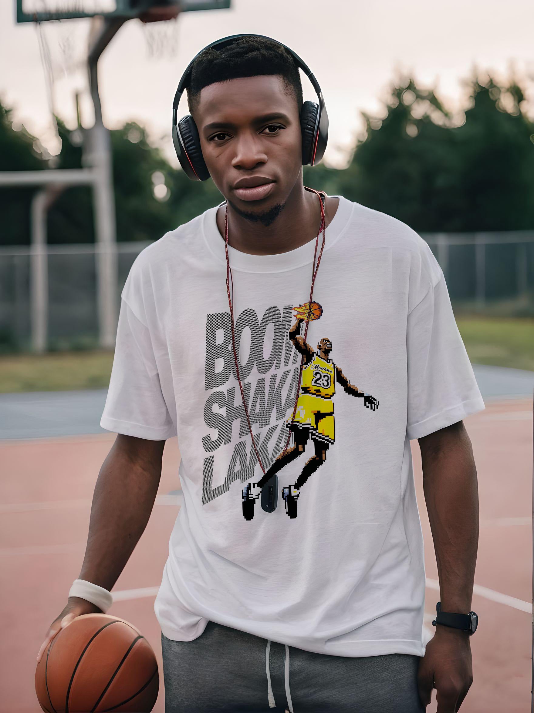 black guy on a basketball court wearing a Monksee Jam boom Shaka Laka white t-shirt
