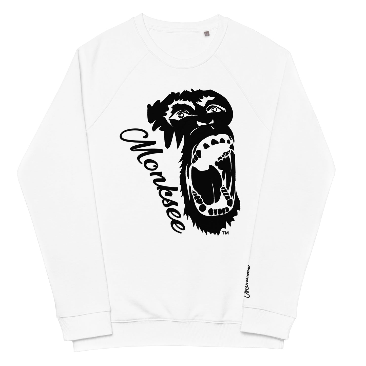 Monksee organic white sweatshirt with black monksee long on the front