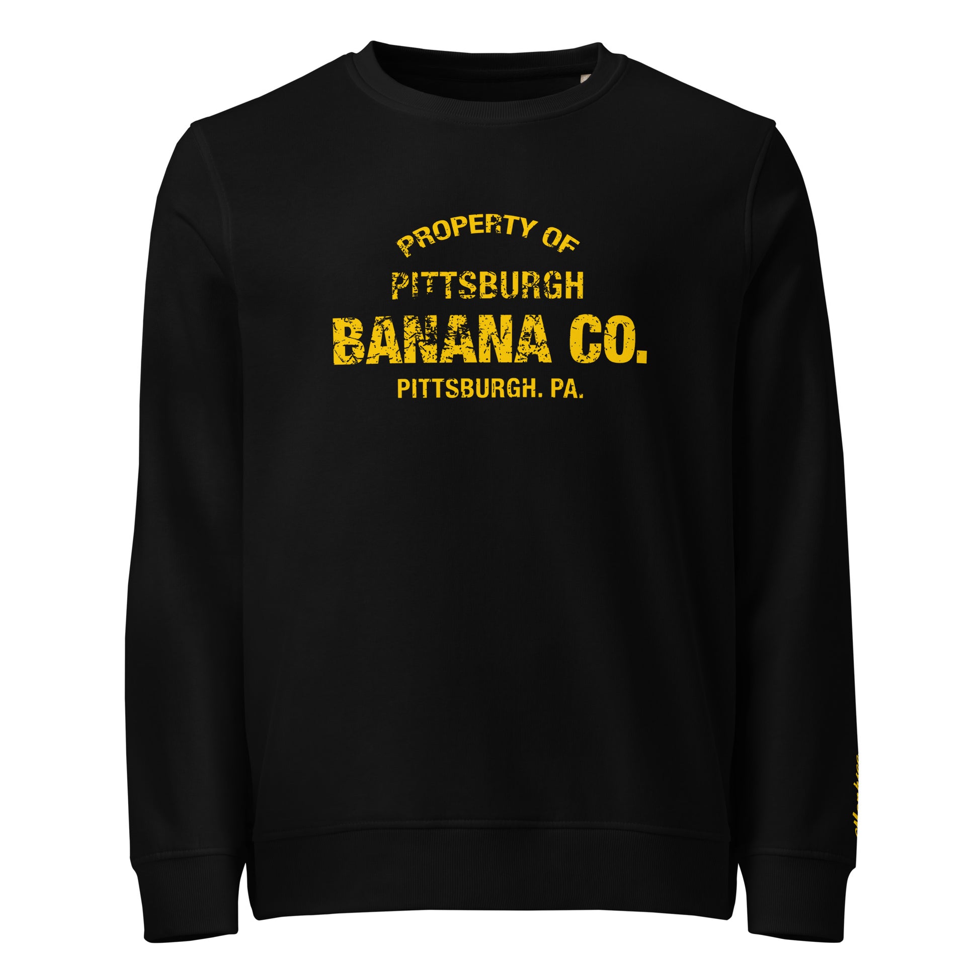 Monksee pittsburgh banana company design on black organic sweatshirt