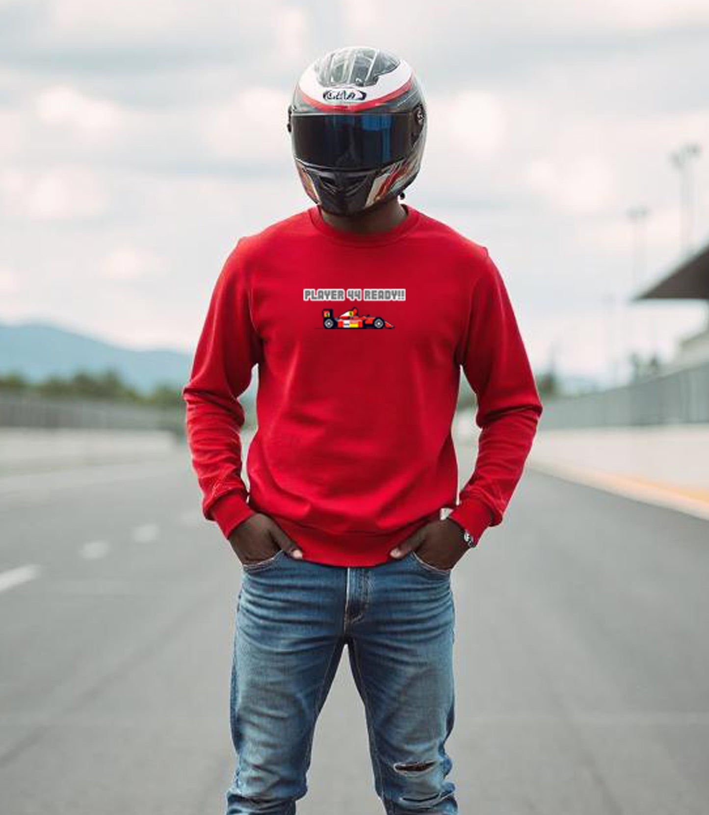 Monksee player 44 red sweatshirt worn by racing car driver on track front