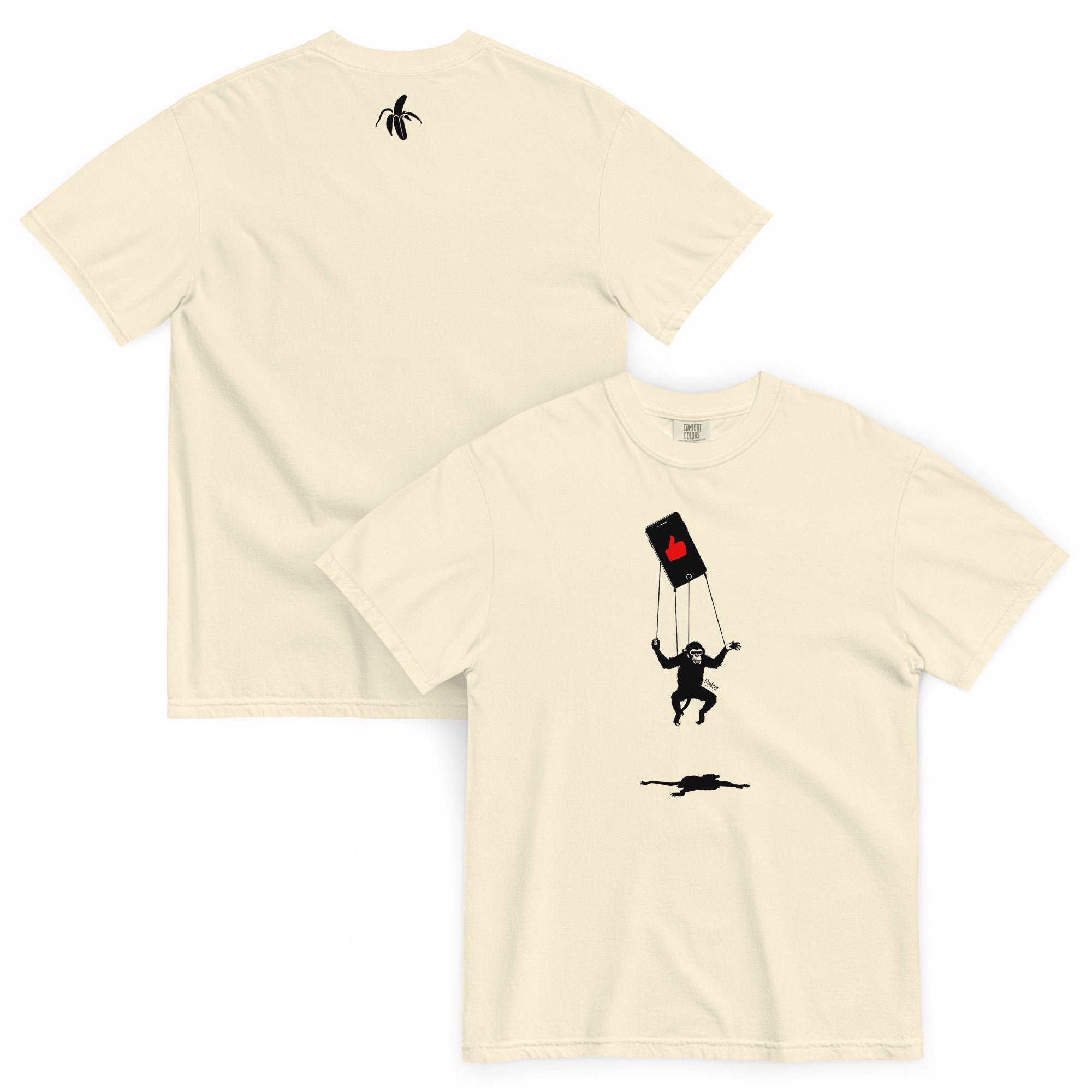 Monksee ivory t-shirt with graphic design of a monkey and a heart-shaped icon on iPhone on a white background