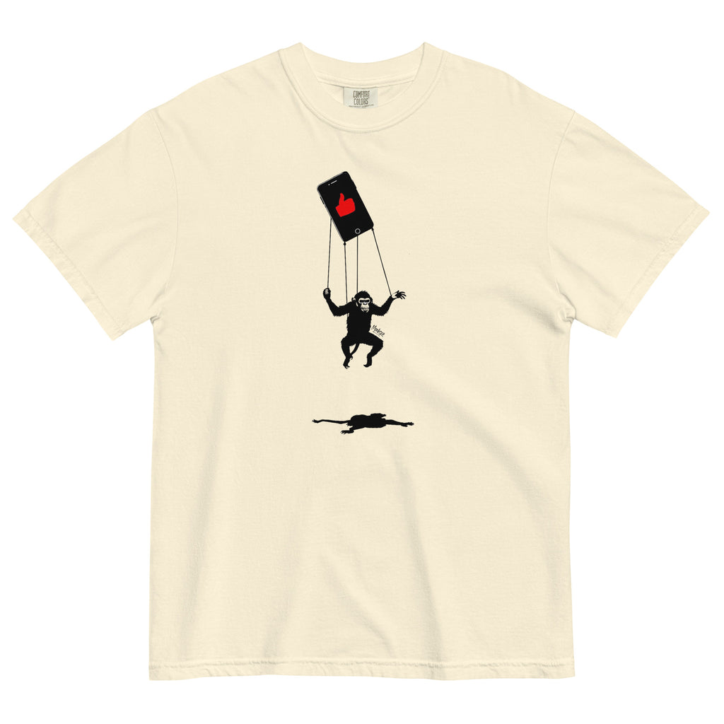 Monksee ivory t-shirt with a graphic design of a monkey dangling from an iPhone like a marionette