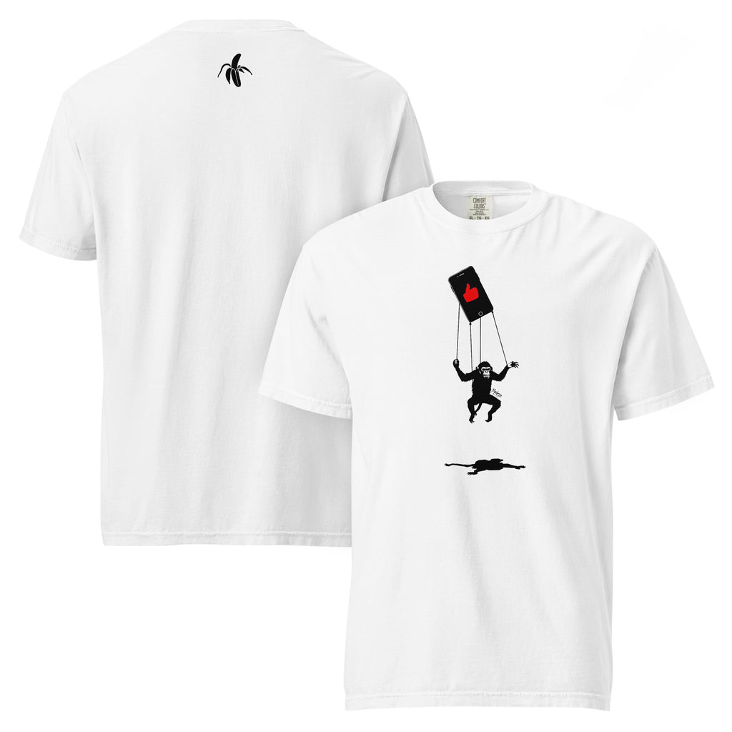 White monksee  t-shirt with black graphic design on a white background