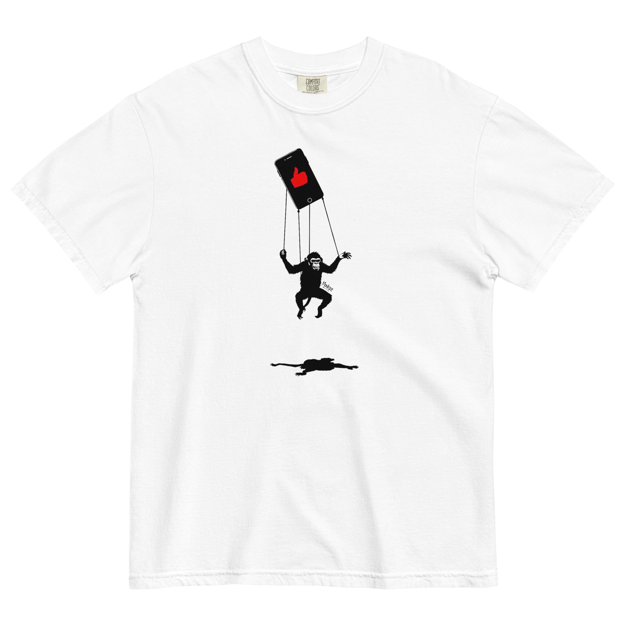 White Monksee t-shirt with black graphic design of a monkey dangling from an iPhone like a marionette  on a white background