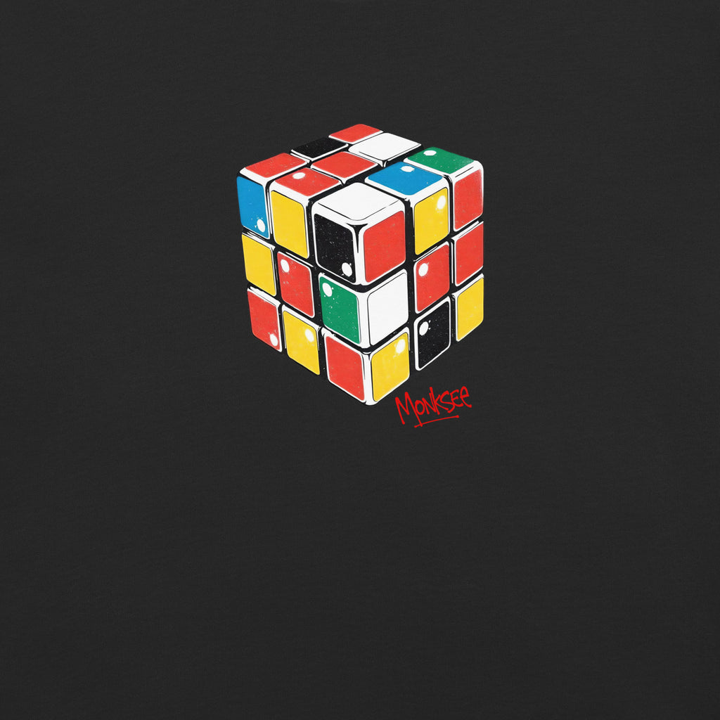 close up of the monksee rad Rubik's design on a black background