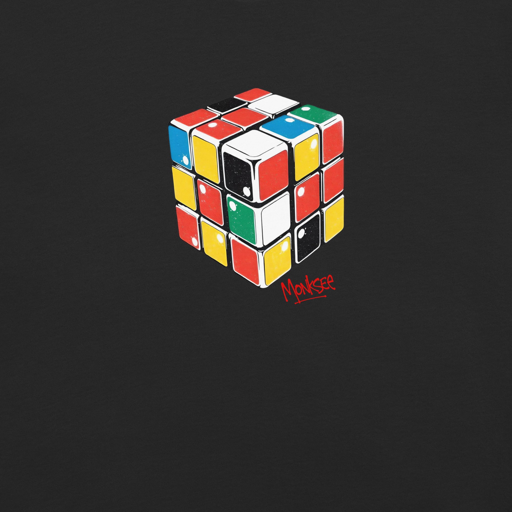 close up of the monksee rad Rubik's design on a black background