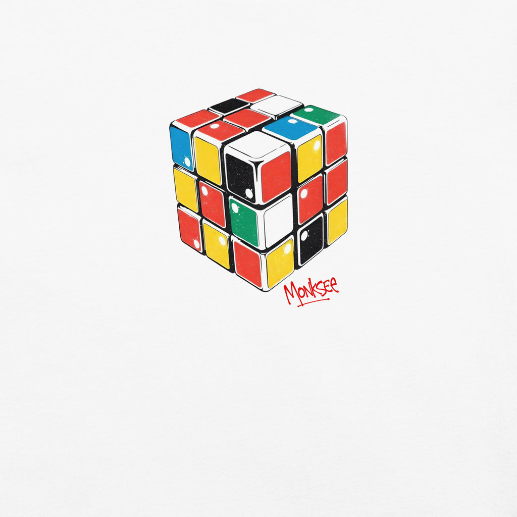 close up of the monksee rad Rubik's design on a white background