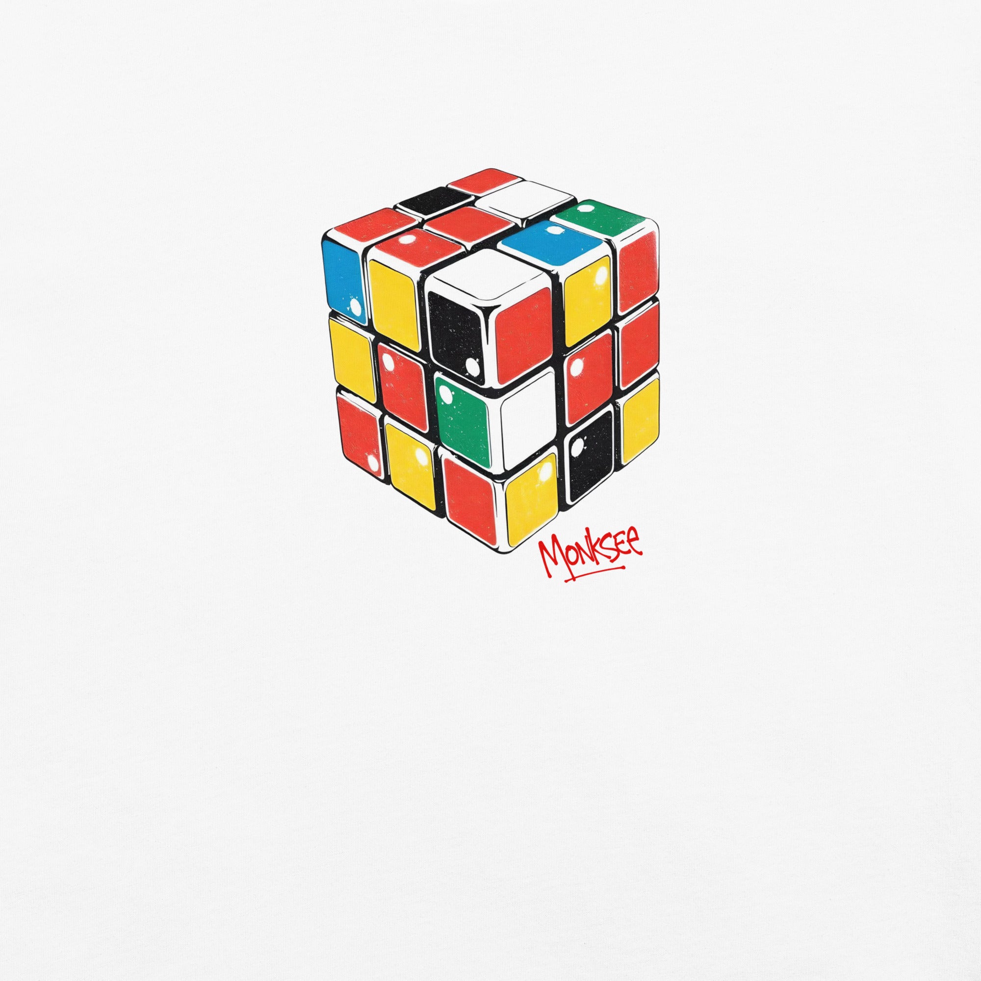 close up of the monksee rad Rubik's design on a white background