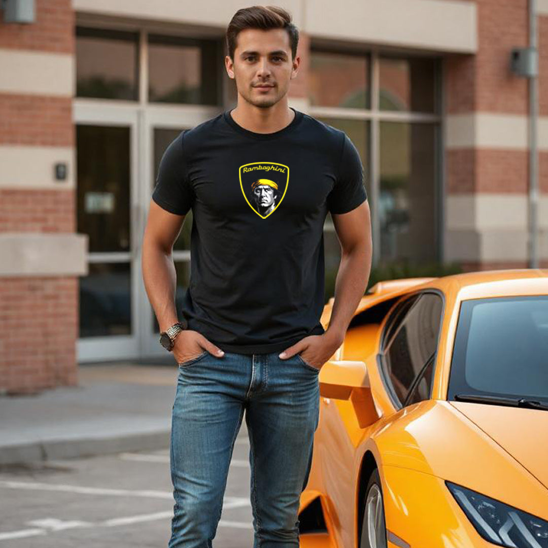 Man wearing monksee tshirt in front of Lamborghini