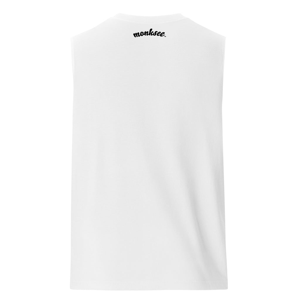 back of monksee ramboghini tank top. Features black monksee logo on outside label. Picture on white background