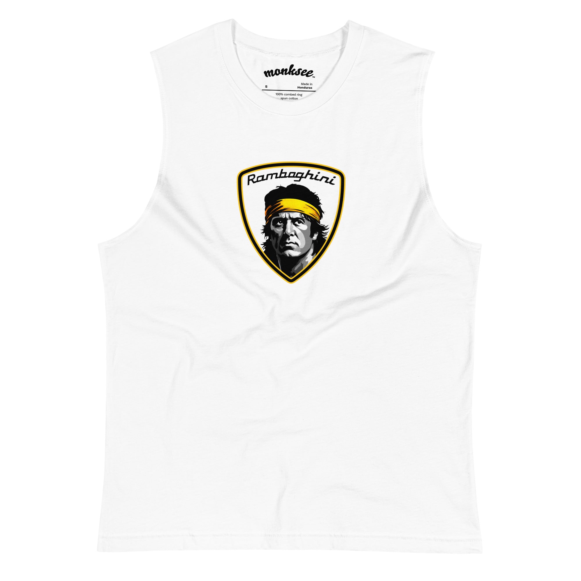 a white monksee ramboghini tank top flat on a white background