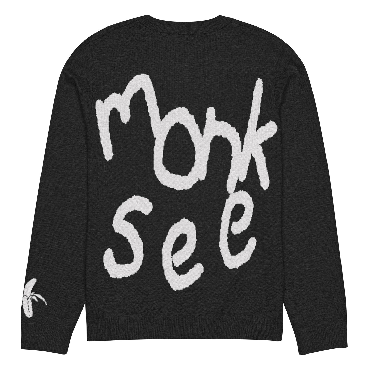 back of black scribe monksee knitted sweater