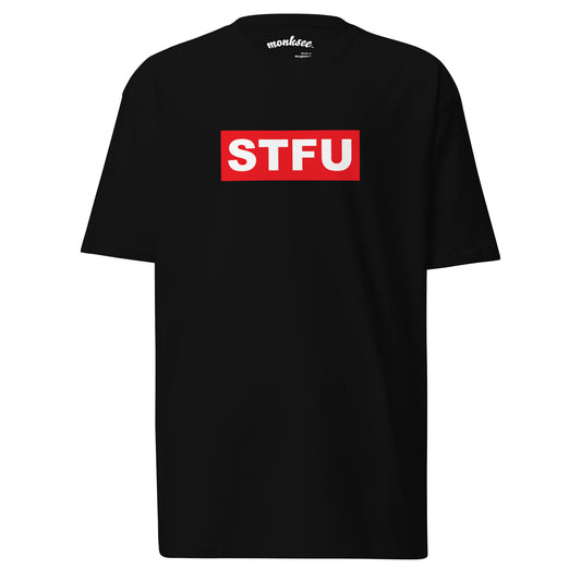 monksee stfu black cotton tshirt with red and white print front