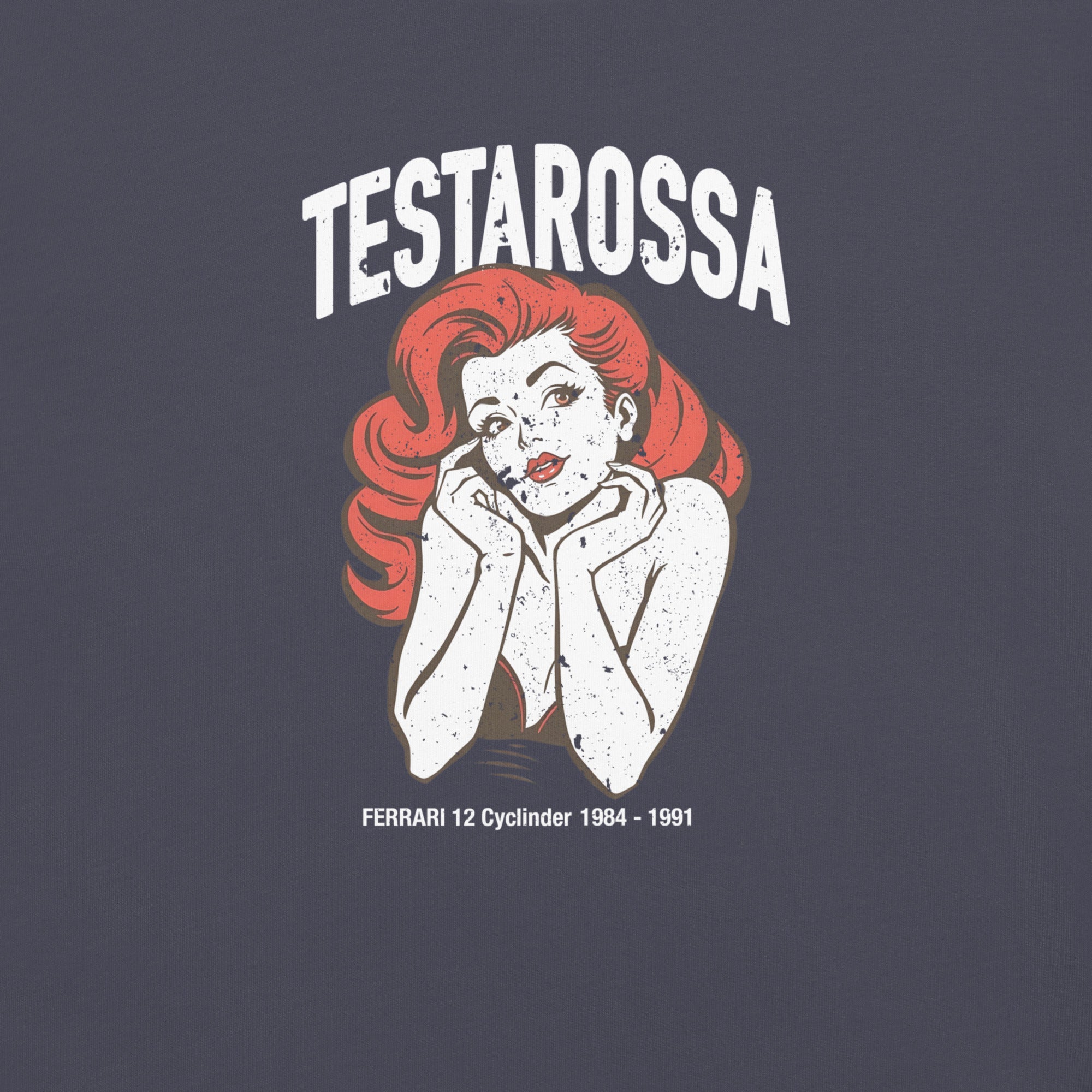 close up of the Monksee Testarossa design on a navy t-shirt