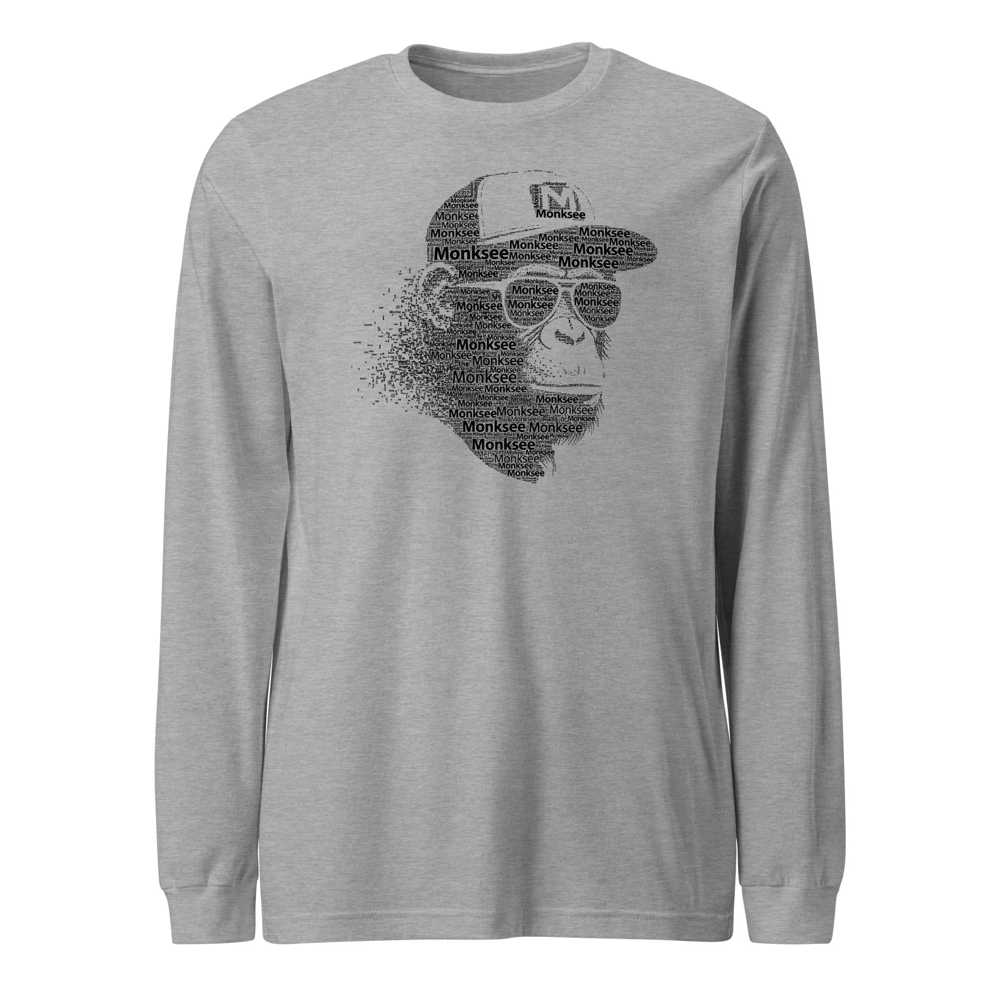 Gray Monksee long-sleeve shirt with a mosaic graphic of a monkey wearing sunglasses and a cap on a white background