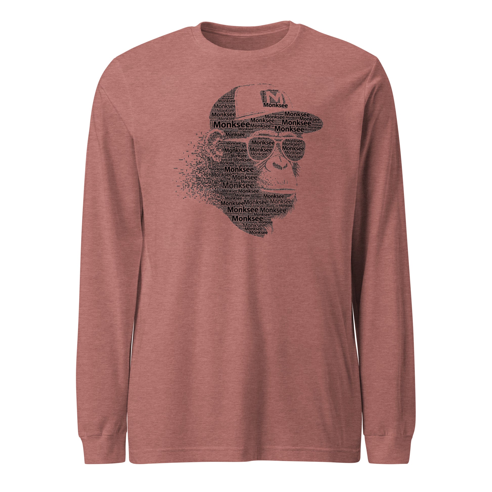 Mauve heather Monksee long-sleeve shirt with a mosaic graphic of a monkey wearing sunglasses and a hat on a white background
