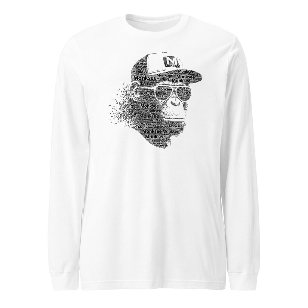 Monksee White long-sleeve shirt with a mosaic graphic of a monkey wearing sunglasses and a cap on a white background