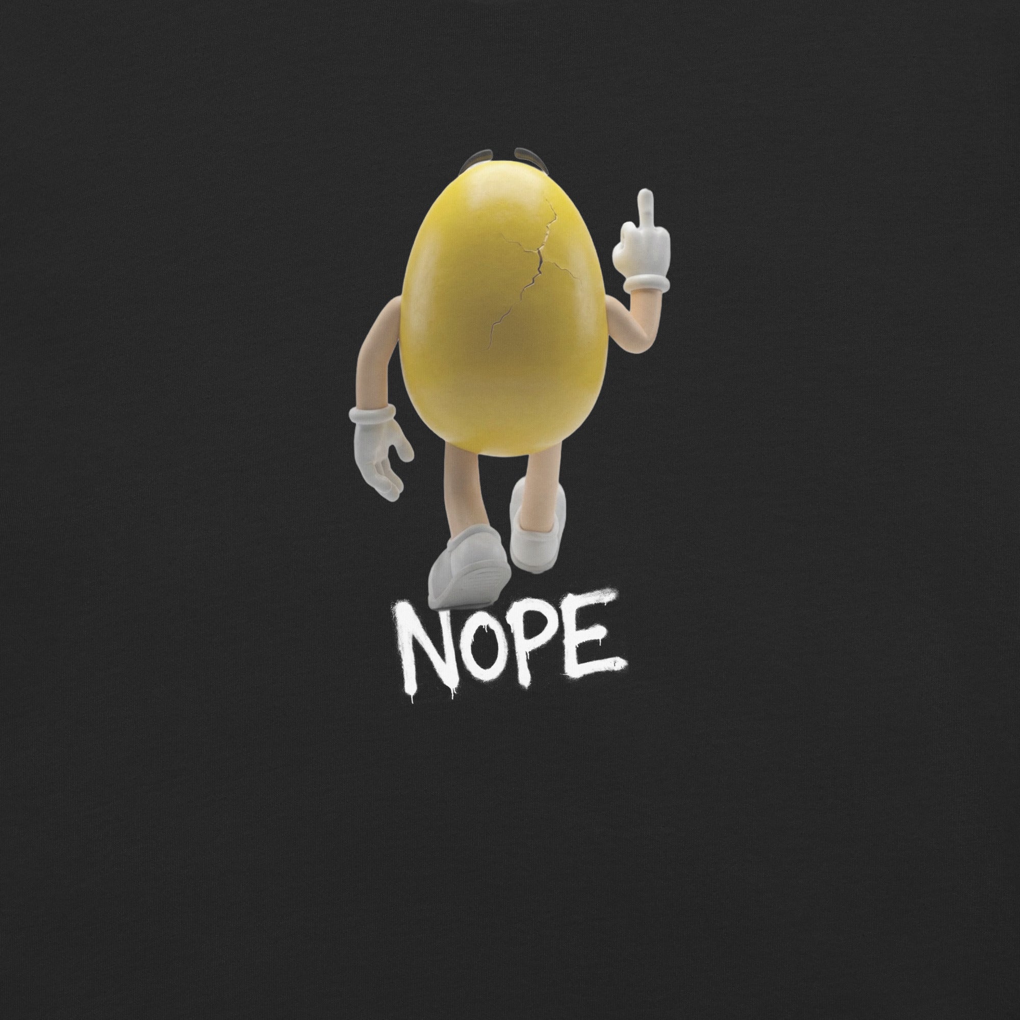 Yellow peanut M&M walking away and giving the finger with a 'nope' underneath on a black background