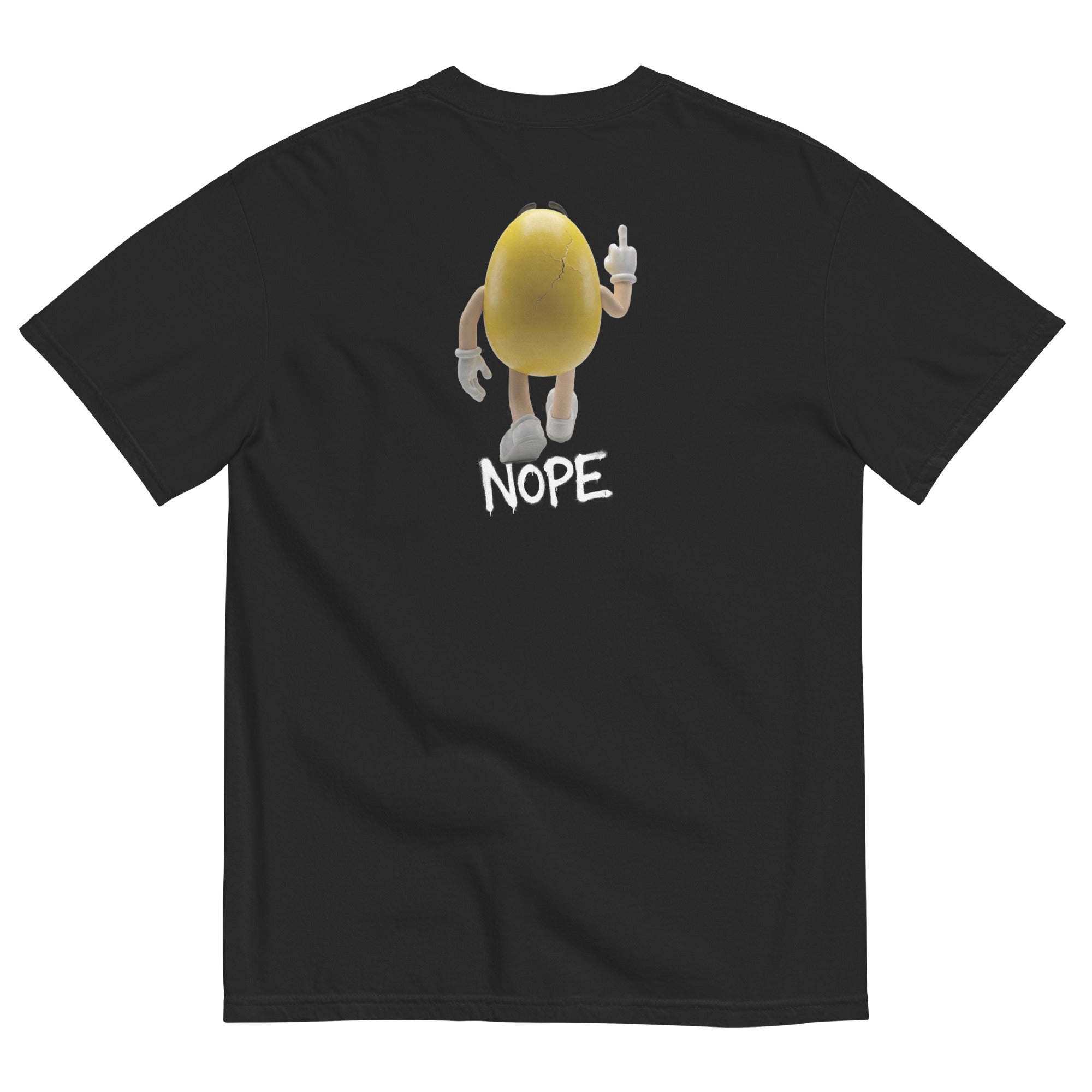 Black t-shirt with a yellow M&M giving the finger and 'NOPE' text on a white background